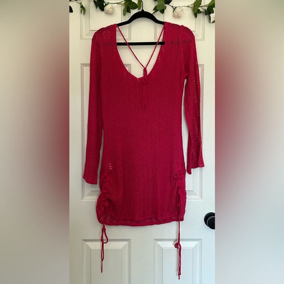 B2PRITY Hot Pink Long Sleeve Knit Beach Pool Cover Up Dress- Size L - Picture 2 of 5